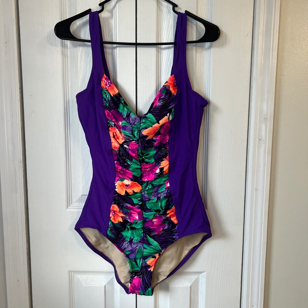 Vintage 80s The‎ Slim Suit Womens size 16 Purple Floral Swimsuit swim wear